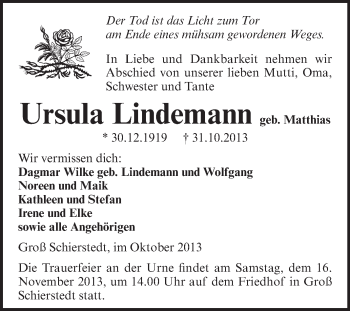 Traueranzeige von Ursula Lindemann von WVG - Wochenspiegel Aschersleben