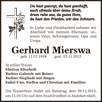 Traueranzeige von Gerhard Mierswa von WVG - Wochenspiegel Bernburg