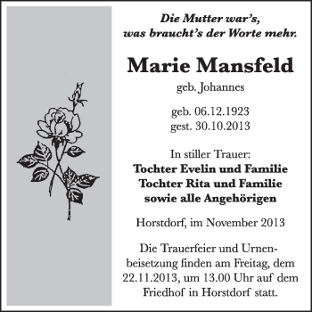 Traueranzeige von Marie Mansfeld von WVG - Wochenspiegel Wittenberg