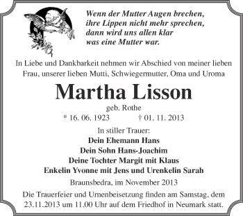 Traueranzeige von Martha Lisson von Super Sonntag Merseburg