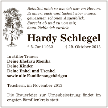 Traueranzeige von Hardy Schlegel von Super Sonntag Zeitz