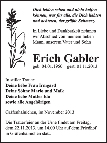 Traueranzeige von Erich Gabler von WVG - Wochenspiegel Wittenberg