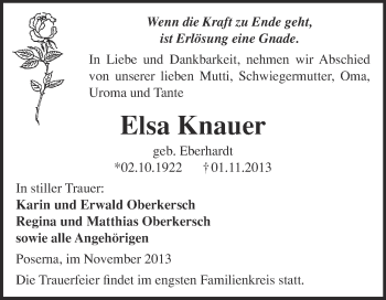 Traueranzeige von Elsa Knauer von Super Sonntag Merseburg