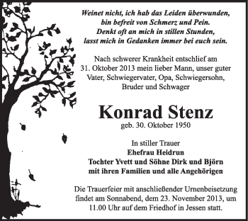 Traueranzeige von Konrad Stenz von WVG - Wochenspiegel Wittenberg
