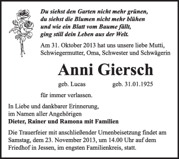 Traueranzeige von Anni Giersch von WVG - Wochenspiegel Wittenberg
