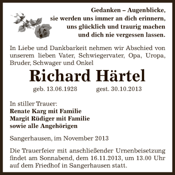 Traueranzeige von Richard Härtel von Super Sonntag SGH Mansf. Land