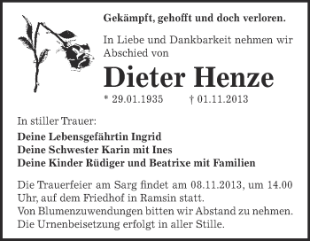Traueranzeige von Dieter Henze von WVG - Wochenspiegel Bitterfeld