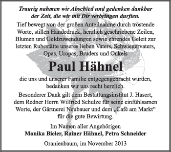 Traueranzeige von Paul Hähnel von Super Sonntag Wittenberg