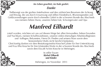 Traueranzeige von Manfred Eilhardt von WVG - Wochenspiegel Aschersleben
