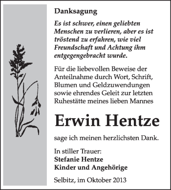 Traueranzeige von Erwin Hentze von WVG - Wochenspiegel Wittenberg