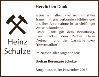 Traueranzeige von Heinz Schulze von Super Sonntag SGH Mansf. Land