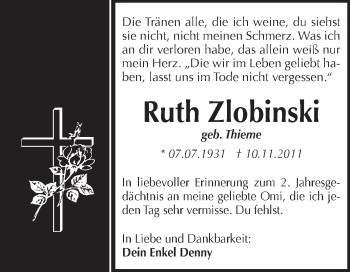 Traueranzeige von Ruth Zlobinski von Super Sonntag Aschersleben