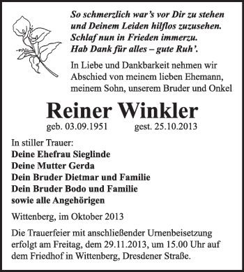 Traueranzeige von Reiner Winkler von WVG - Wochenspiegel Wittenberg