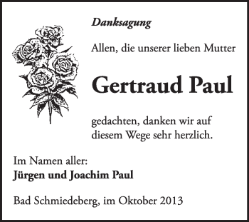 Traueranzeige von Gertrud Paul von WVG - Wochenspiegel Wittenberg