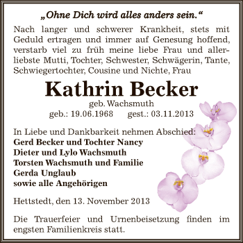 Traueranzeige von Kathrin Becker von Wochenspiegel Mansfelder Land