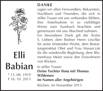 Traueranzeige von Elli Babian von Super Sonntag Merseburg