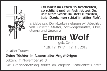 Traueranzeige von Emma Wolf von Super Sonntag Merseburg