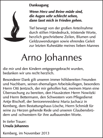 Traueranzeige von Arno Johannes von WVG - Wochenspiegel Wittenberg