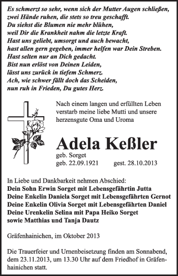Traueranzeige von Adela Keßler von WVG - Wochenspiegel Wittenberg