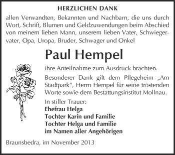 Traueranzeige von Paul Hempel von WVG - Wochenspiegel Merseburg