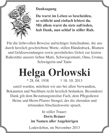 Traueranzeige von Helga Orlowski von WVG - Wochenspiegel Merseburg