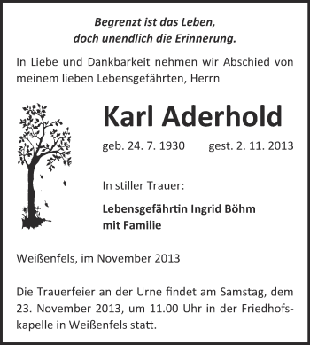 Traueranzeige von Karl Aderhold von Super Sonntag Merseburg