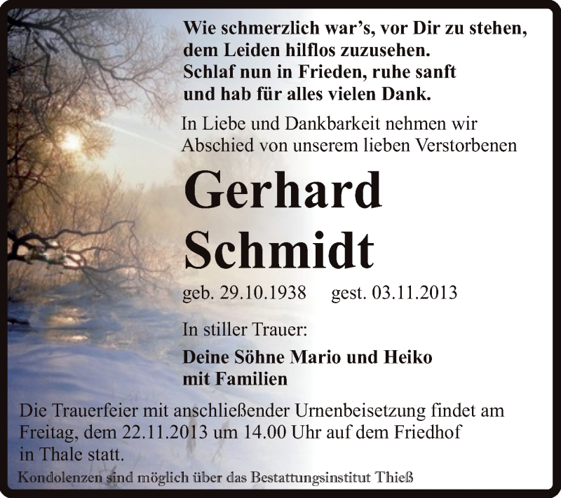  Traueranzeige für Gerhard Schmidt vom 10.11.2013 aus Super Sonntag Quedlinburg