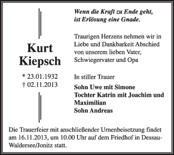 Traueranzeige von Kurt Kiepsch von Super Sonntag Dessau / Köthen