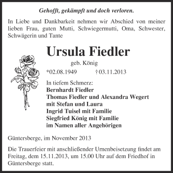 Traueranzeige von Ursula Fiedler von WVG - Wochenspiegel Quedlinburg