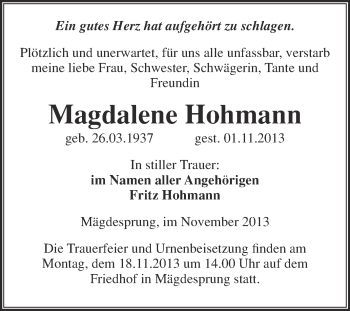 Traueranzeige von Magdalene Hohmann von Super Sonntag Quedlinburg