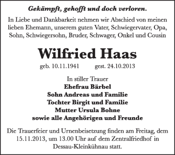 Traueranzeige von Wilfried Haas von Super Sonntag Dessau / Köthen