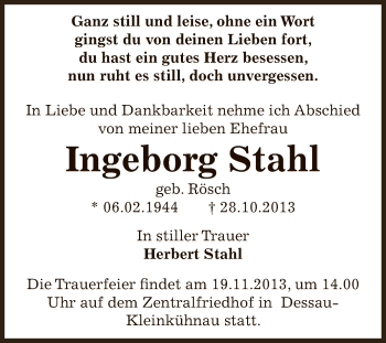 Traueranzeige von Ingeborg Stahl von WVG - Wochenspiegel Dessau / Köthen