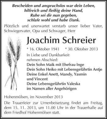Traueranzeige von Joachim Schreier von WVG - Wochenspiegel NMB / WSF / ZTZ