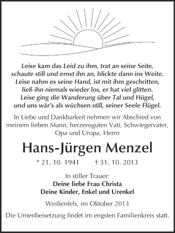 Traueranzeige von Hans-Jürgen Menzel von WVG - Wochenspiegel NMB / WSF / ZTZ
