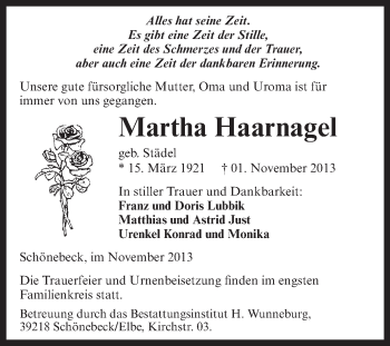 Traueranzeige von Martha Haarnagel von Super Sonntag Aschersleben