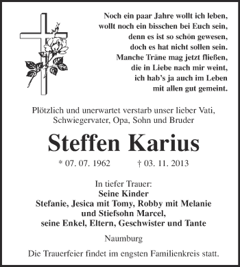 Traueranzeige von Steffen Karius von WVG - Wochenspiegel NMB / WSF / ZTZ