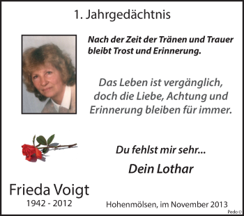 Traueranzeige von Frieda Voigt von WVG - Wochenspiegel NMB / WSF / ZTZ
