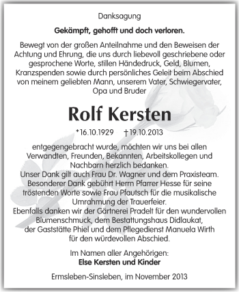 Traueranzeige von Rolf Kersten von WVG - Wochenspiegel Quedlinburg