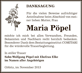 Traueranzeige von Maria Pöpel von Super Sonntag Zeitz