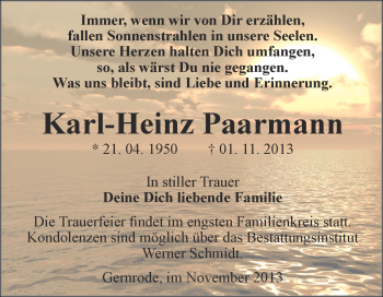 Traueranzeige von Karl-Heinz Paarmann von WVG - Wochenspiegel Quedlinburg