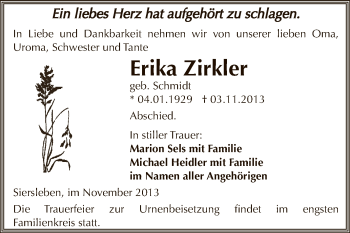 Traueranzeige von Erika Zirkler von Super Sonntag SGH Mansf. Land