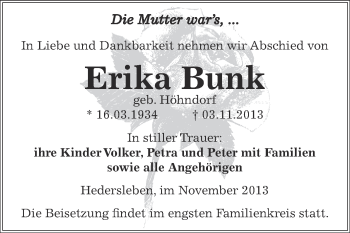 Traueranzeige von Erika Bunk von Super Sonntag SGH Mansf. Land