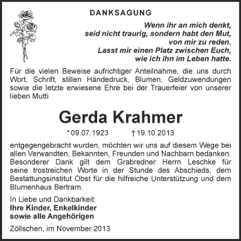 Traueranzeige von Gerda Krahmer von Super Sonntag Merseburg
