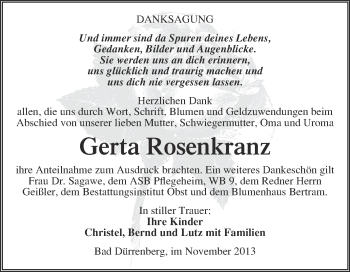 Traueranzeige von Gerta Rosenkranz von Super Sonntag Merseburg