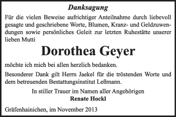 Traueranzeige von Dorothea Geyer von WVG - Wochenspiegel Wittenberg