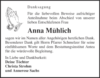 Traueranzeige von Anna Mühlich von WVG - Wochenspiegel NMB / WSF / ZTZ