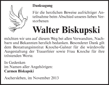 Traueranzeige von Walter Biskupski von Super Sonntag Aschersleben