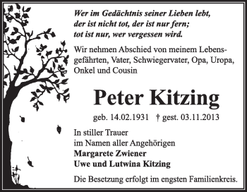 Traueranzeige von Peter Kitzingen von Super Sonntag Dessau / Köthen