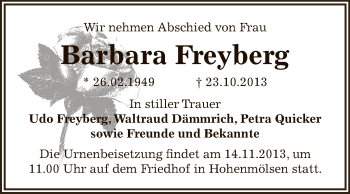 Traueranzeige von Barbara Freyberg von Super Sonntag Zeitz