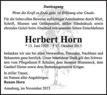 Traueranzeige von Herbert Horn von WVG - Wochenspiegel Wittenberg